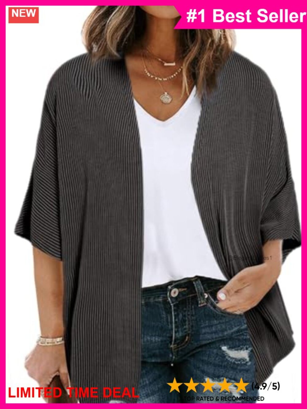 Plus Size Lightweight Ribbed Knit Open Front Half Sleeve Kimono Cardigan